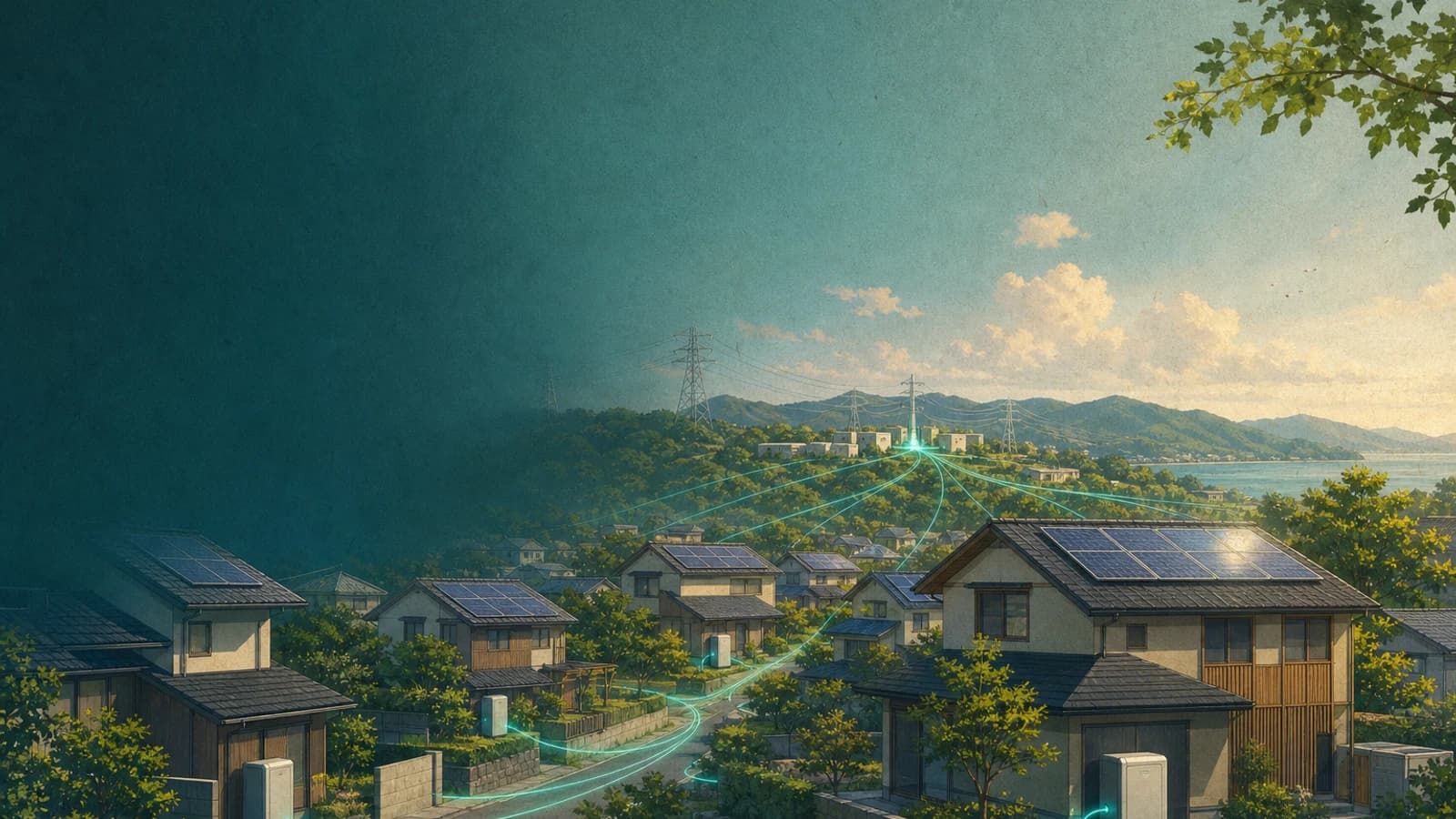 多数の蓄電池が地域電力網につながる様子を表したサムネイル