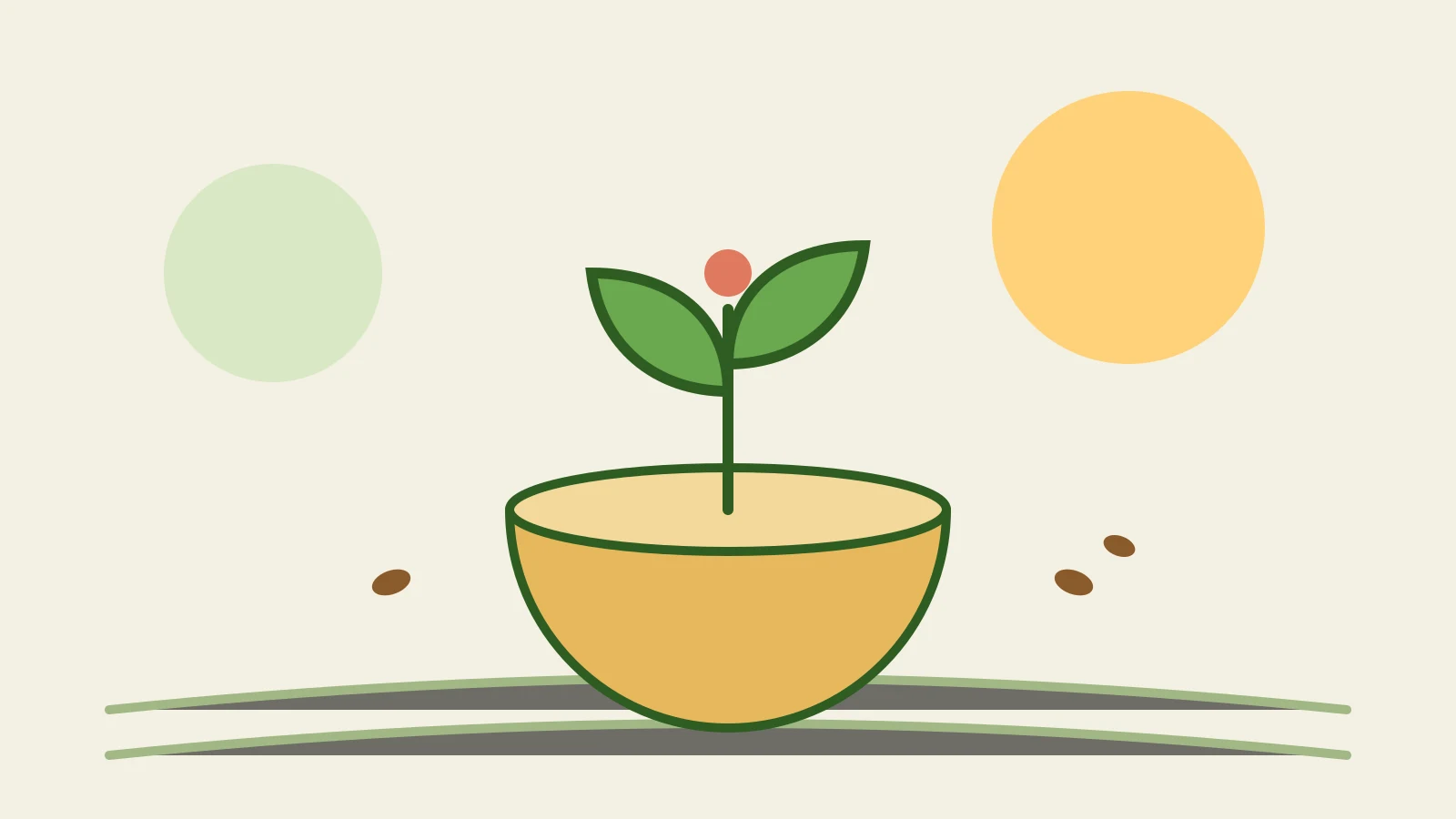 器から芽が育ち畑の畝が伸びるフラットなイラスト